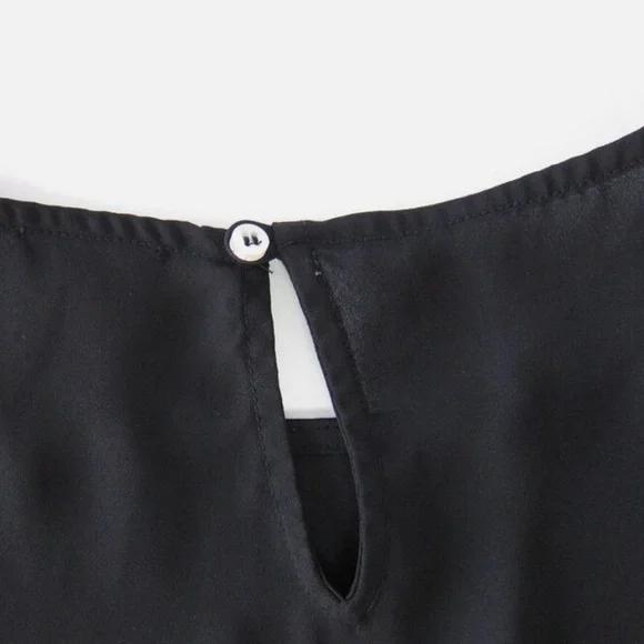 Chicos Sheer Asymmetrical Ruffle Hem Sleeves Black Blouse - Picture 5 of 8